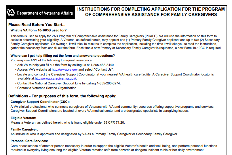 VA Caregiver Form 10 10cg VA Form