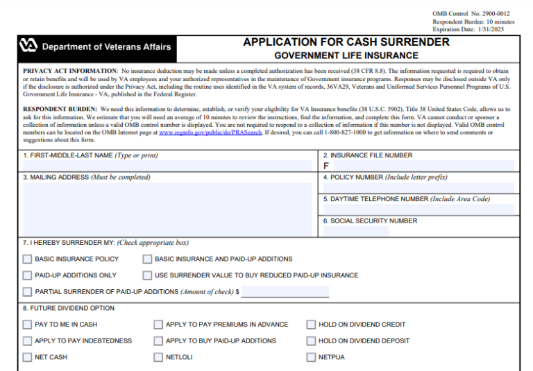 VA Life Insurance Loan Application VA Form