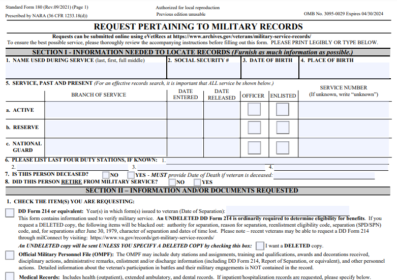 SF 18E Form Army VA Form