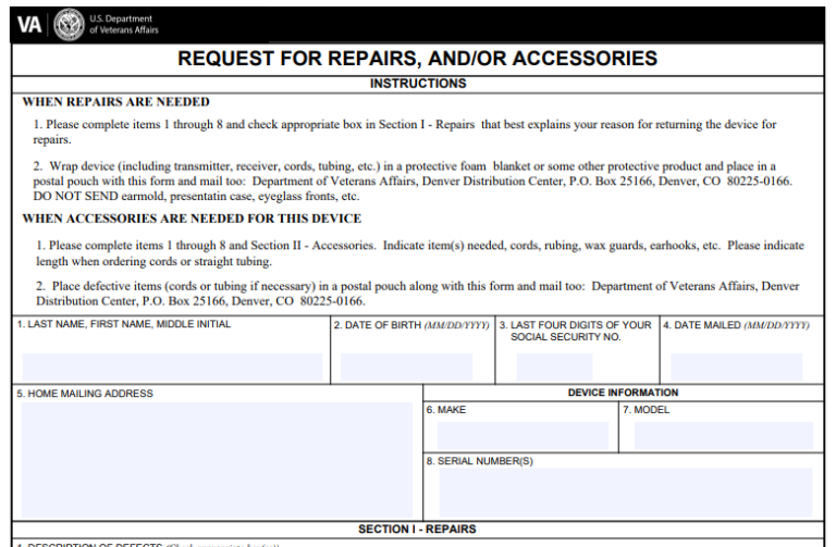 VA Form 1107 Hearing Aid Repair VA Form